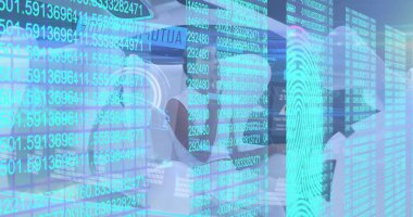 Biyometrik parmak izi ve otomatik sürüş arabasındaki kadının veri işleme görüntüsü. küresel teknoloji, veri işleme ve dijital arayüz kavramı dijital olarak oluşturulmuş görüntü.