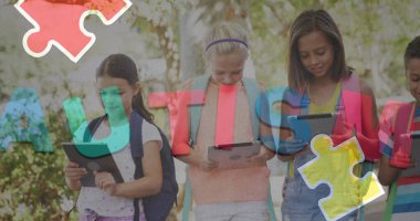 Renkli yapboz parçaları ve elektronik aletler kullanan çocukların arkadaşlarıyla ilgili otizm metinleri. otizm, öğrenme güçlüğü, destek ve farkındalık kavramı dijital olarak oluşturulmuş görüntü.