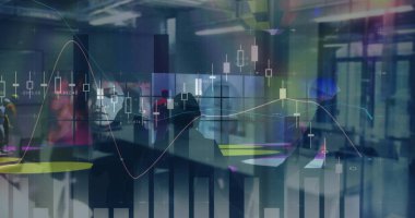 Modern ofiste dans eden çeşitli iş adamlarının finansal veri işleme görüntüsü. küresel iş, finans, bağlantılar ve dijital arayüz konsepti dijital olarak oluşturulmuş görüntü.
