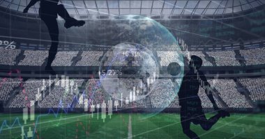Dünya ve futbolcularla spor stadyumundaki grafiklerin ve veri işlemenin görüntüsü. spor, rekabet, küresel iletişim ve dijital arayüz kavramı, dijital olarak oluşturulmuş görüntü.
