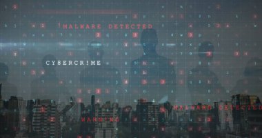 Şehir manzarası üzerinden siber suç metni görüntüsü. Çevrimiçi güvenlik, siber suç ve veri işleme kavramı dijital olarak oluşturulmuş görüntü.