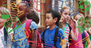 Okul dışındaki çocukların üzerinde okul ikonlarının resmi. eğitim, öğrenme ve eğitim kavramı dijital olarak oluşturulmuş imaj.