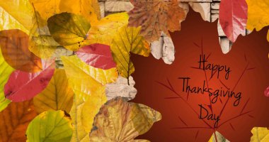 Sonbahar yapraklı ahşap arka planda mutlu şükran günü metni. mevsimler, sonbahar, sonbahar, renk ve doğa konsepti dijital olarak üretilir.