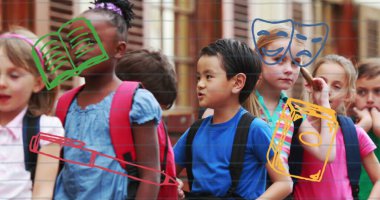 Okuldaki okul çocukları üzerinde okul simgeleri. eğitim, öğrenme ve eğitim kavramı dijital olarak oluşturulmuş imaj.