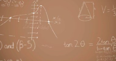 Kahverengi arkaplan üzerindeki matematiksel denklemlerin resmi. küresel eğitim, bağlantılar, veri işleme ve teknoloji konsepti dijital olarak oluşturulmuş görüntü.