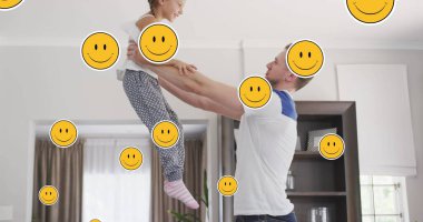 Kafkasyalı mutlu baba ve kızın evde zıplaması üzerine gülen yüzler. aile, ev hayatı, sevgi ve bakım konsepti dijital olarak oluşturulmuş imaj.