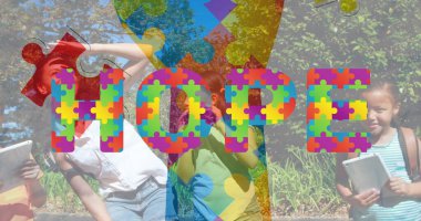 Renkli yapboz parçalarının görüntüsü, umut otizmi, çocuklar yerine bir aylık mesaj. otizm, öğrenme güçlüğü, destek ve farkındalık kavramı dijital olarak oluşturulmuş görüntü