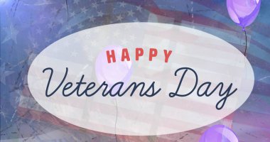 Mutlu gaziler günü afişleri ve balon ikonları beyaz kadın askerin kızına sarılmasının üzerine. Amerikan vatanseverliği ve gaziler günü konsepti