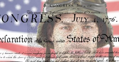 Kafkas askeri ve Amerika Birleşik Devletleri bayrağı üzerindeki yazı resmi. Amerikan vatanseverliği ve bağımsızlık kavramı dijital olarak oluşturulmuş imaj.