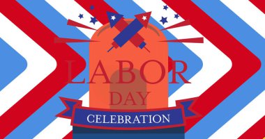 İşçi bayramının kutlama mesajı ve polis sireninin mavi, kırmızı ve beyaz oklar üzerinde görüntüsü. Amerikan vatanseverliği, gelenek ve kutlama konsepti dijital olarak oluşturulmuş imaj.