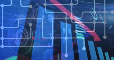 Dürbün taramasında istatistik işlenen kırmızı okun resmi. global business, finans, data işleme ve dijital arayüz kavramı dijital olarak oluşturuldu.