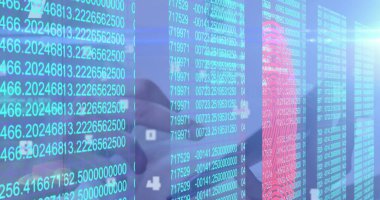 Tablet kullanan kadının biyometrik parmak izi ve veri işleme görüntüsü. küresel teknoloji, veri işleme ve dijital arayüz kavramı dijital olarak oluşturulmuş görüntü.