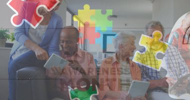 Son sınıf arkadaşlarının tablet kullanması üzerine renkli yapboz parçaları ve otizm metinleri. otizm, öğrenme güçlüğü, destek ve farkındalık kavramı dijital olarak oluşturulmuş görüntü.