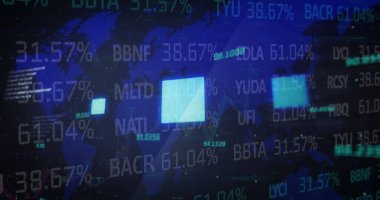 Dünya haritasına yüklenen veri işleme ve karelerin resmi. küresel bağlantılar, dijital arayüz ve dijital olarak oluşturulan veri işleme konsepti.