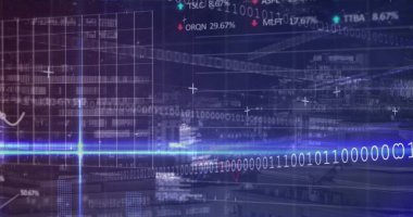 Image of statistics, binary coding and financial data processing over grid. global business, finances, connections and data processing concept digitally generated image.
