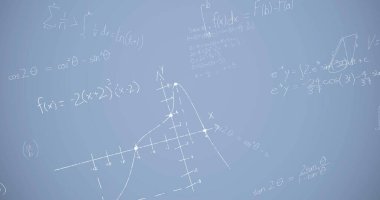 Image of mathematical equations over blue background. global education, connections, data processing and technology concept digitally generated image.