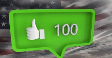 Konuşma baloncuğu görüntüsü, rakamlar, bulutların üzerindeki simge ve ABD bayrağı gibi. küresel sosyal medya ve iletişim konsepti dijital olarak oluşturulmuş görüntü.