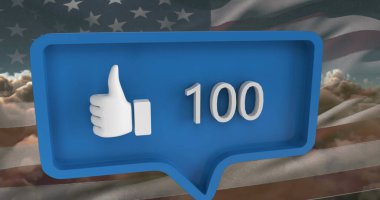 Konuşma baloncuğu görüntüsü, rakamlar, bulutların üzerindeki simge ve ABD bayrağı gibi. küresel sosyal medya ve iletişim konsepti dijital olarak oluşturulmuş görüntü.