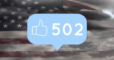 Konuşma baloncuğu görüntüsü, rakamlar, bulutların üzerindeki simge ve ABD bayrağı gibi. küresel sosyal medya ve iletişim konsepti dijital olarak oluşturulmuş görüntü.