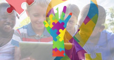 Renkli yapboz parçalarının tasviri. Kurdele ve çocukları teslim etmek. otizm, öğrenme güçlüğü, destek ve farkındalık kavramı dijital olarak oluşturulmuş görüntü