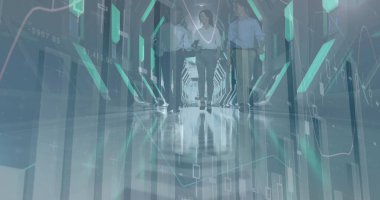 Modern ofiste yürüyen çeşitli iş adamlarının finansal veri işleme görüntüsü. küresel iş, finans, bağlantılar ve dijital arayüz konsepti dijital olarak oluşturulmuş görüntü.