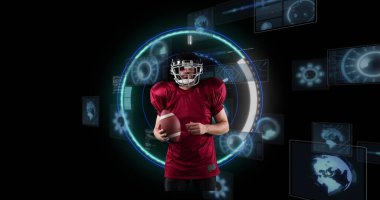 Siyah arkaplanı tarayan beyaz erkek rugby oyuncusunun görüntüsü