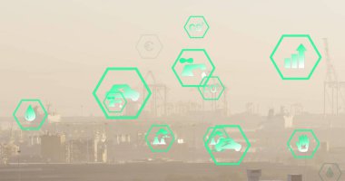 Şehir manzarasının havadan görünüşüne karşı yüzen birden fazla yeşil enerji simgesi. yenilenebilir ve yeşil enerji kavramı