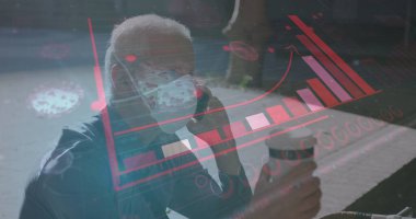 Coperid 19 hücre ve yüz maskesi takan yaşlı adamın istatistikleri. küresel covid 19 salgın hastalık ve aşı konsepti dijital olarak oluşturulmuş görüntü.