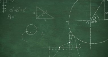 Yeşil arkaplan üzerinde matematiksel denklemlerin görüntüsü. küresel eğitim, bağlantılar, veri işleme ve teknoloji konsepti dijital olarak oluşturulmuş görüntü.