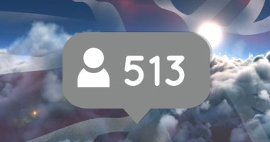 Bulutların üzerinde sayılar ve Birleşik Krallık bayrağı olan konuşma baloncuğu resmi. küresel sosyal medya ve iletişim konsepti dijital olarak oluşturulmuş görüntü.