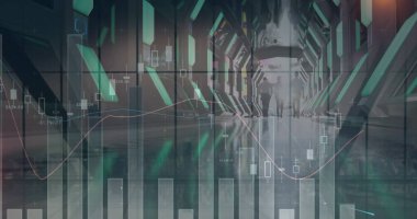 Modern ofiste yürüyen çeşitli iş adamlarının finansal veri işleme görüntüsü. küresel iş, finans, bağlantılar ve dijital arayüz konsepti dijital olarak oluşturulmuş görüntü.