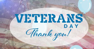 Gaziler Günü 'nün resmi. Balonların, beyaz erkek askerlerin ve Amerikan bayrağının üzerine mesaj at. Vatanseverlik ve kutlama konsepti dijital olarak oluşturulmuş imaj.