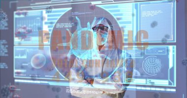 Salgın metni, virüs hücreleri, yüz maskesi takan erkek doktorun dijital arayüzü. küresel tıp, sağlık ve teknoloji covid 19 salgın konsepti boyunca dijital olarak üretilen görüntü.