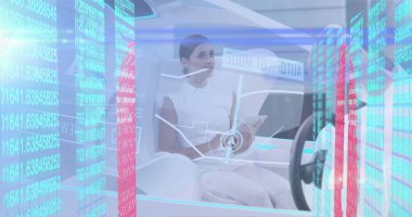 Biyometrik parmak izi ve otomatik sürüş arabasındaki kadının veri işleme görüntüsü. küresel teknoloji, veri işleme ve dijital arayüz kavramı dijital olarak oluşturulmuş görüntü.