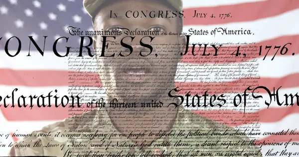 Amerika Birleşik Devletleri 'nin Afro-Amerikan askeri şarkısı ve bayrağı üzerine makale metni. Amerikan vatanseverliği ve bağımsızlık kavramı dijital olarak oluşturulmuş imaj.