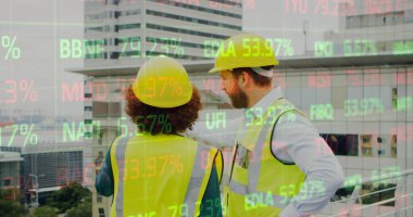 İnşaat alanında konuşan erkek ve kadın mimarların istatistikleri. iş, geliştirme ve üretkenlik kavramı dijital olarak oluşturulmuş görüntü.