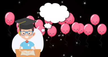Graduated boy icon and multiple pink balloons with copy space on black background. school and education concept