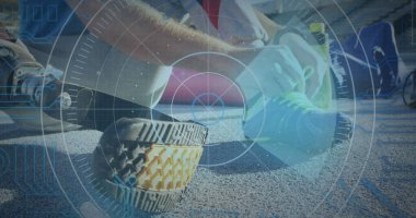 Ayakkabı tamir eden protez bacaklı beyaz adamı tarayan bir dürbün görüntüsü. spor ve aktif yaşam tarzı kavramı dijital olarak oluşturulmuş görüntü.