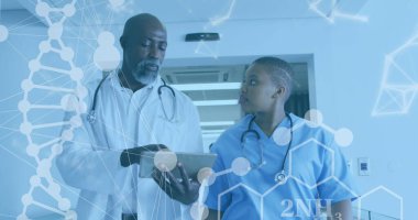 Afro-Amerikan doktorların tıbbi veri işleme görüntüsü. tıp, veri işleme ve dijital arayüz kavramı dijital olarak oluşturulmuş görüntü.