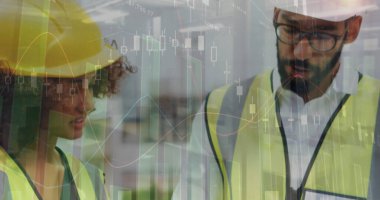 İnşaat alanındaki kadın mimarın istatistikleri inceleniyor. iş, geliştirme ve üretkenlik kavramı dijital olarak oluşturulmuş görüntü.