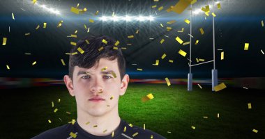 Kafkas erkek rugby oyuncusu stadyumda top oynarken konfeti resmi. spor ve sosyal medya kavramı dijital olarak oluşturulmuş görüntü.