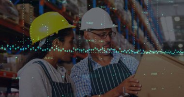 Depodaki çeşitli işçilerin finansal veri işleme görüntüsü. küresel sevkiyat ve dağıtım konsepti dijital olarak oluşturuldu.