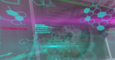 Kimyasal formüllerin ve kadının gözünün üzerinde işlenen verilerin görüntüsü. Bilim, kimya, veri işleme ve teknoloji konsepti dijital olarak oluşturulmuş görüntü.