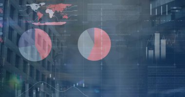 Yürüyen iş adamları üzerinde finansal veri işleme görüntüsü. küresel iş, finans ve dijital arayüz kavramı dijital olarak oluşturulmuş görüntü.