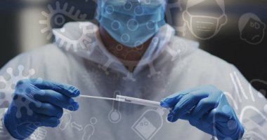 Kafkas erkek doktorun yüz maskesi taktığı tıbbi ikonlar. küresel tıp, covid 19 pandemik konsept sırasında tıbbi hizmetler dijital olarak üretilen görüntü.