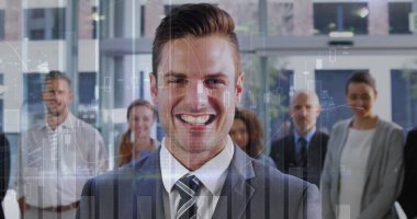 Çeşitli iş adamları üzerinde finansal veri işleme görüntüsü. küresel iş, veri işleme ve dijital arayüz kavramı dijital olarak oluşturulmuş görüntü.