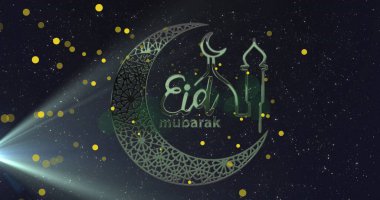 Hilal ay ve cami simgesine sahip bayram mübarek yazı pankartı mavi arkaplanda sarı noktalar var. Ramazan bayramı ve kutlama konsepti