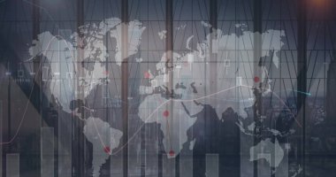 İstatistiksel veri işleme ve insanların yürüme ve şehir manzarasının hızlandırılmış dünya haritası. küresel ağ ve iş teknolojisi kavramı