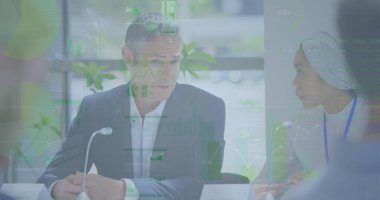 İş adamlarının istatistiksel işlemleri. küresel iş, veri işleme ve dijital arayüz kavramı dijital olarak oluşturulmuş görüntü.