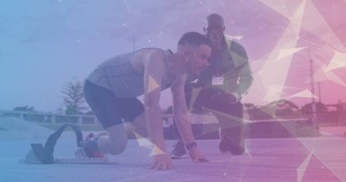 Koşan bıçaklı melez koşucunun üzerindeki bağlantı ağının görüntüsü. spor, engellilik ve veri işleme kavramı dijital olarak oluşturulmuş konsept.